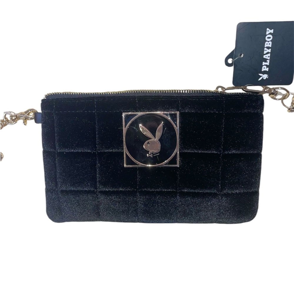 NWT PLAYBOY Black Velvet Pouch with Gold & Leather Chained Wristlet keychains🖤